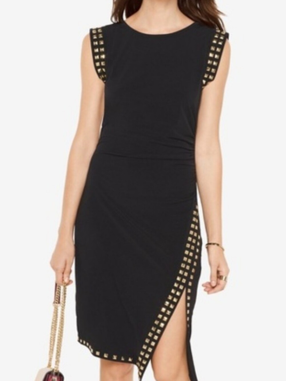 Michael Kors Studded Matte Jersey Dress Brown Gold Ruched